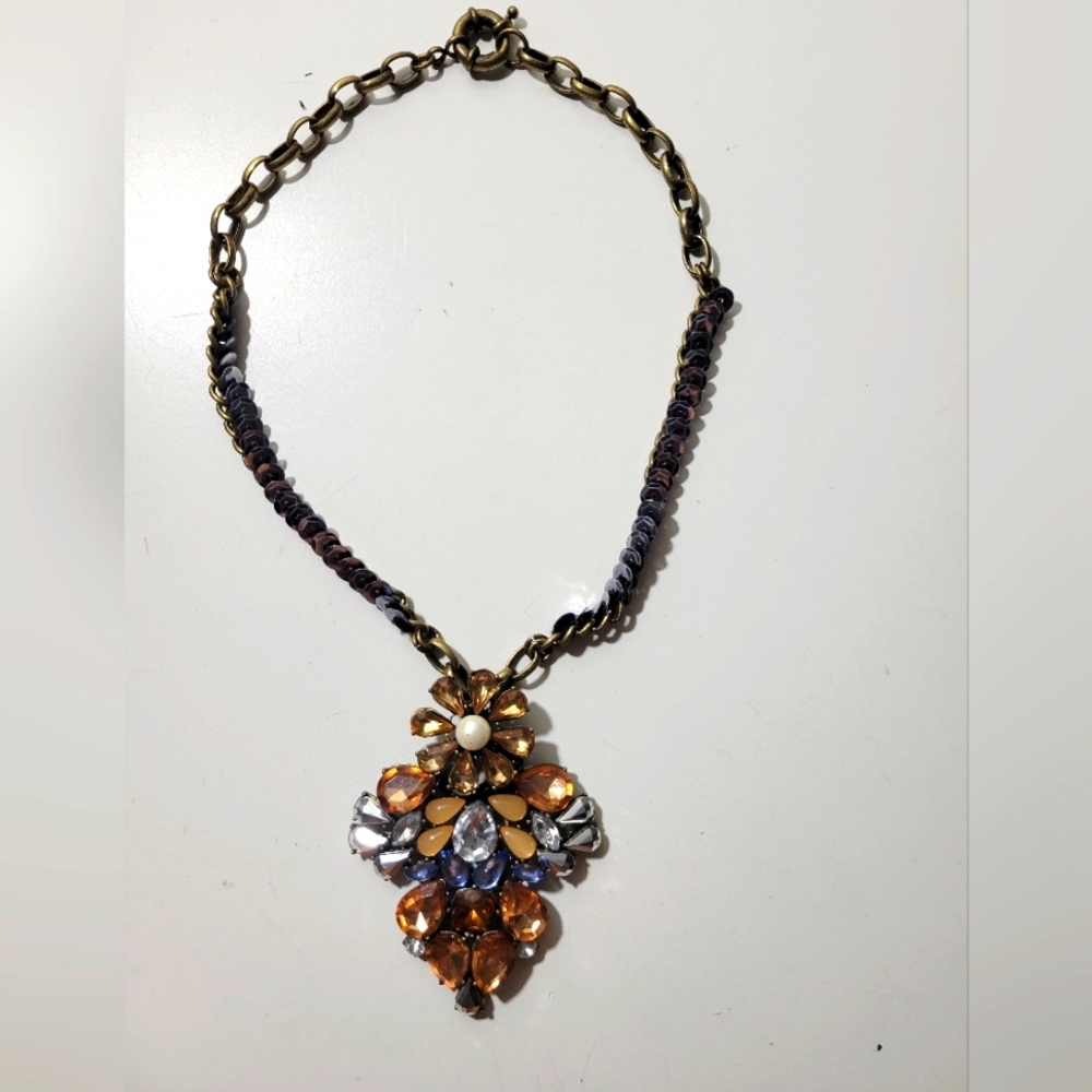 Anthropologie Holiday New Glinted Petal Tasso Necklace Sequins Brown Blue